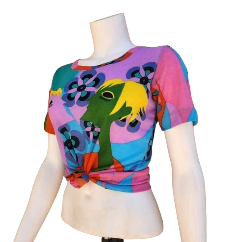 VINTAGE Floral Tee S Italy Paris Punk GoGo Retro Stretch Artsy Graphic - Picture 6 of 14